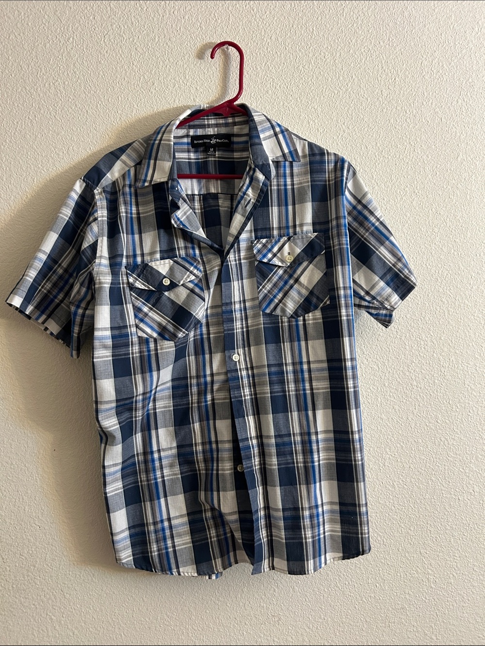 Men's Blue Plaid Short Sleeve Button-Down Shirt - Unknown Brand